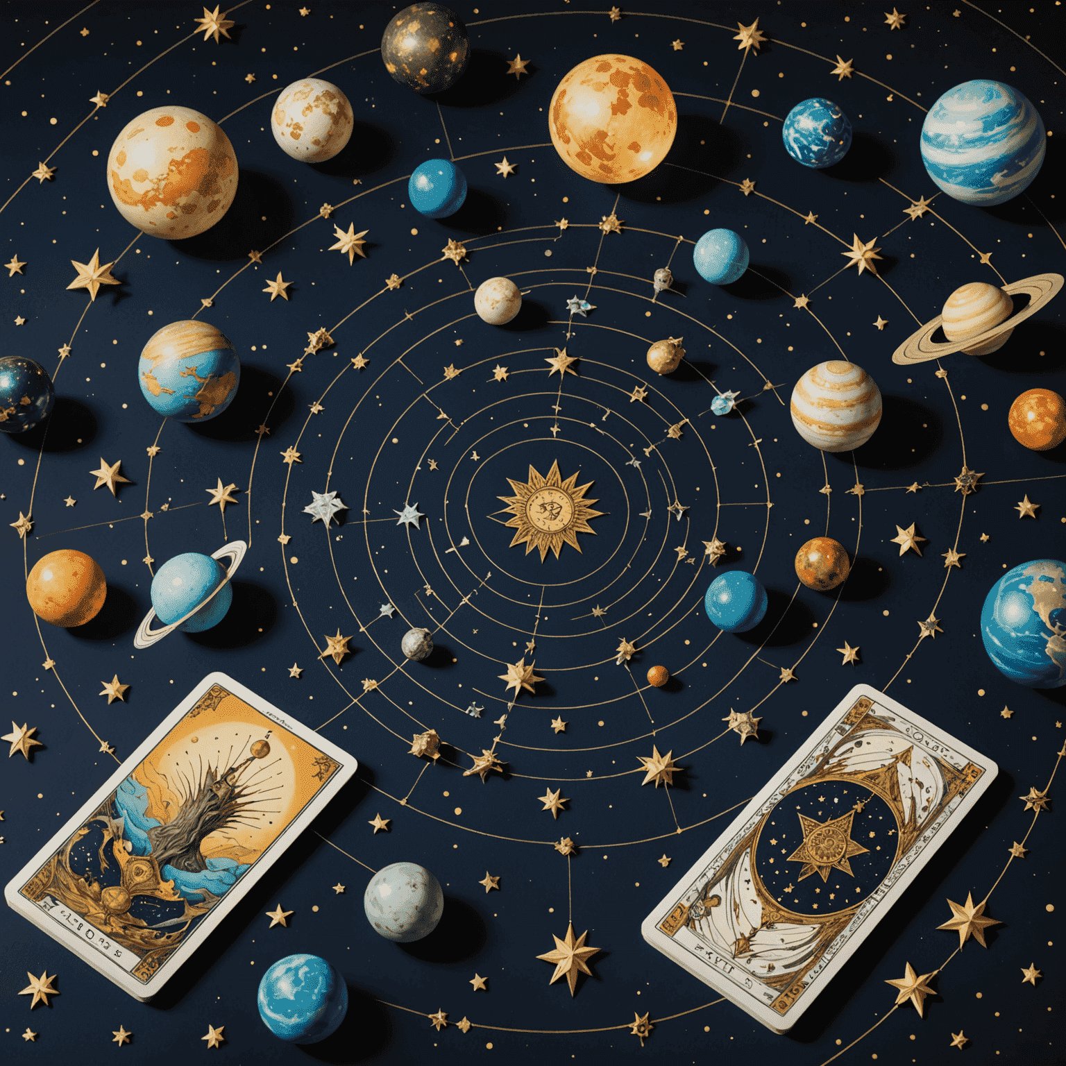 Une illustration éthérée montrant des cartes de tarot flottant parmi des planètes et des constellations, symbolisant la connexion entre le tarot et l'astrologie