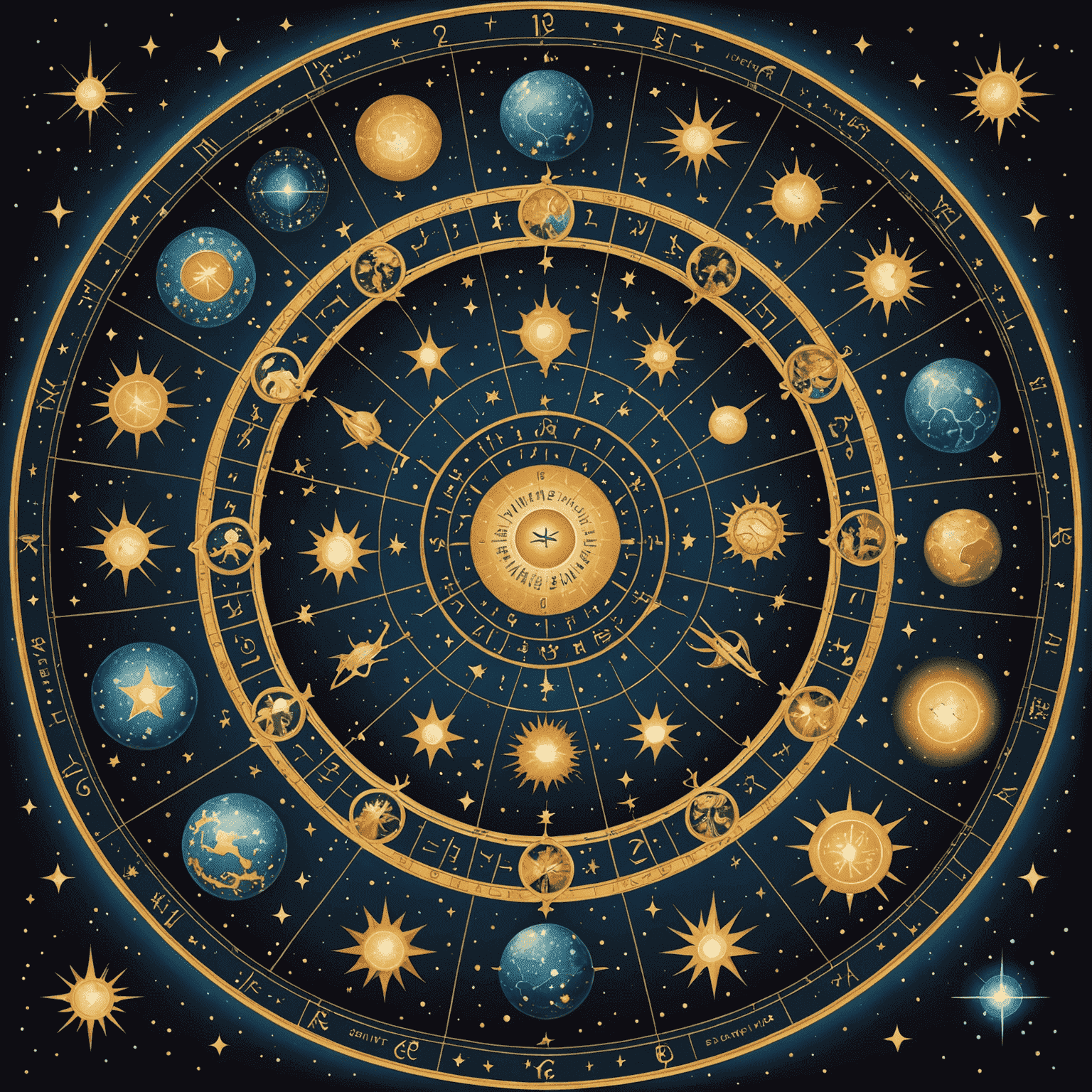 Une illustration cosmique montrant les 12 maisons astrologiques disposées en cercle, chacune représentée par un symbole unique et entourée d'étoiles scintillantes