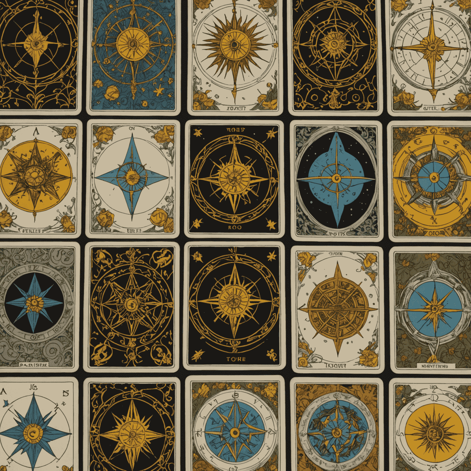 Une image montrant plusieurs dispositions de cartes de tarot formant des motifs complexes, chacun représentant un aspect différent de la découverte de soi