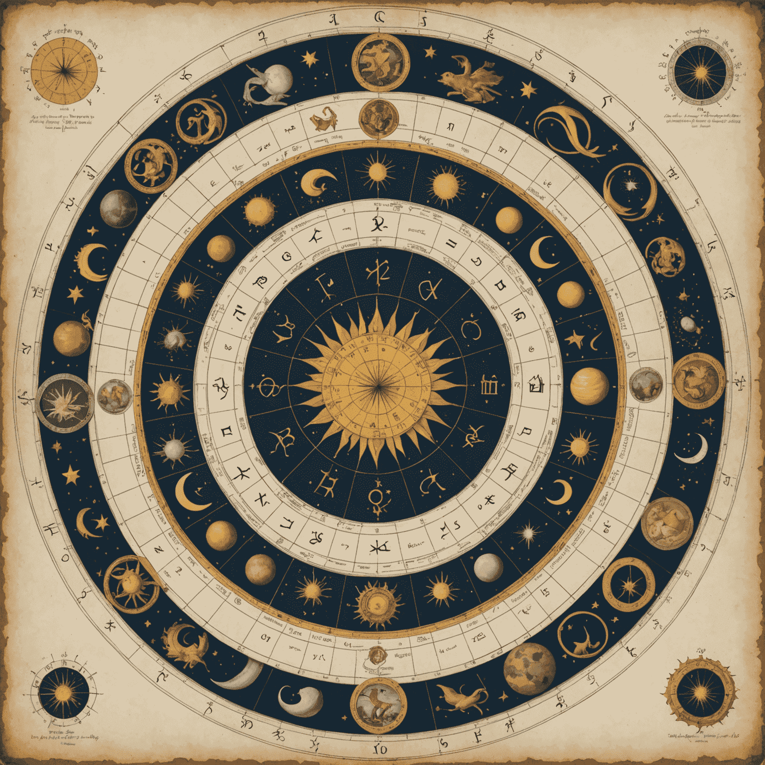 Un diagramme circulaire représentant les 12 maisons astrologiques, chacune illustrée par des symboles représentant différents aspects de la vie